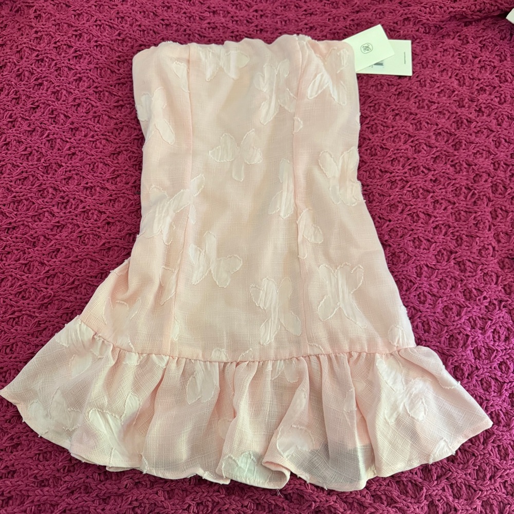 Peppermayo Pale Pink Satin Strapless Mini Dress